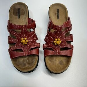Clark’s Red Lexi Myrtle Leather Slip on Comfort Wedge Sandals Womens Size 7
